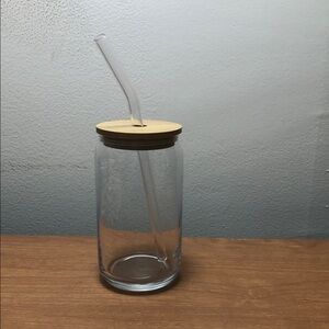 Glass Drinking Jar with Wood Lid and Glass Straw - Clear